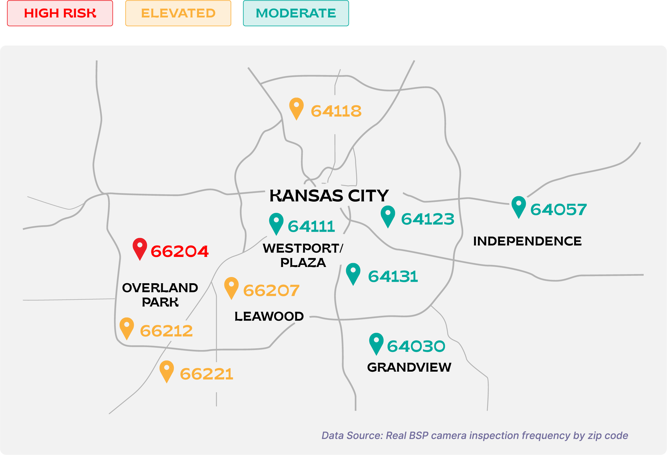 Kansas City sewer risk map by neighborhood showing pipe failure risk by zip code