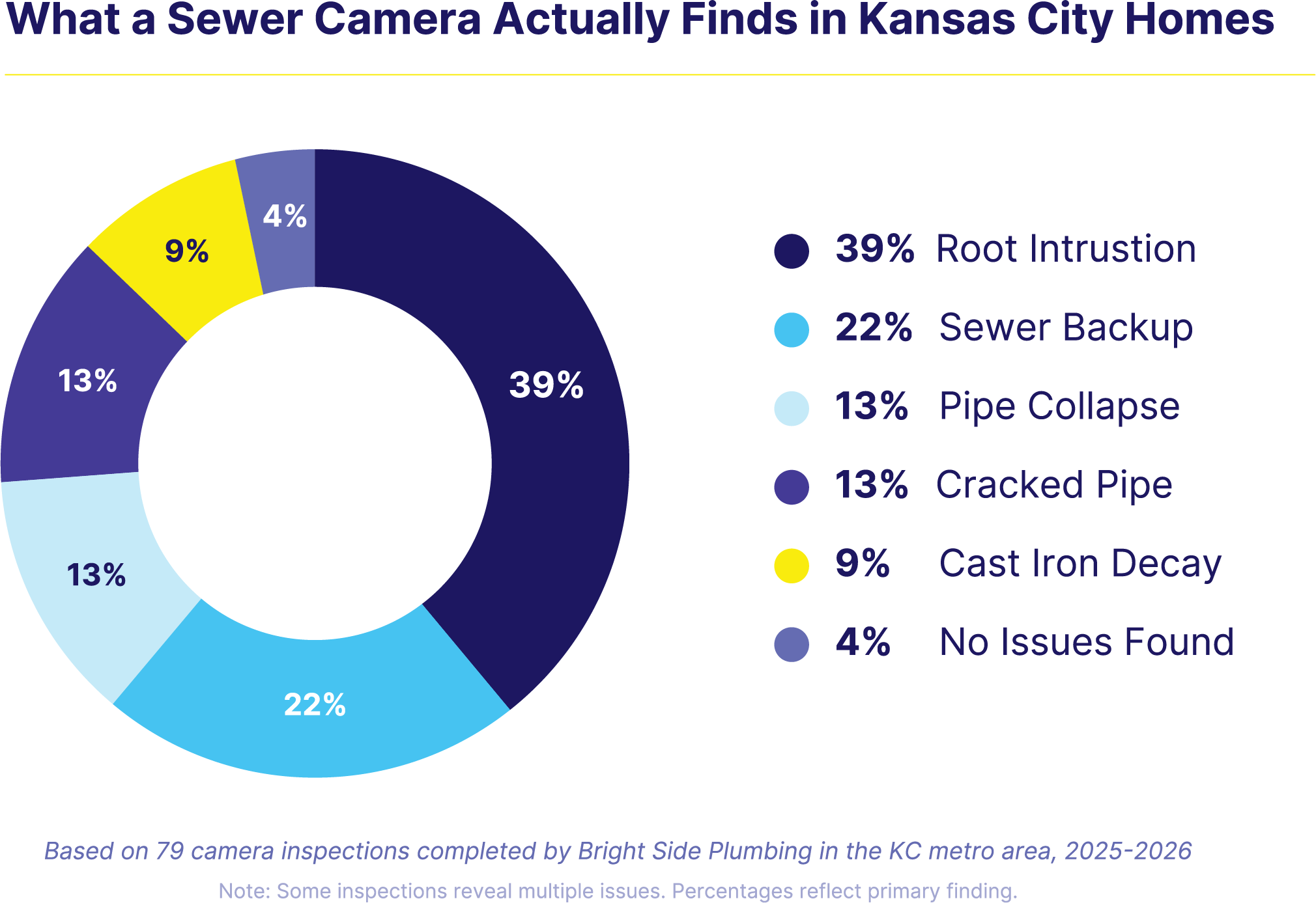 What a sewer camera inspection finds - pie chart showing root intrusion 39 percent, sewer flood 22 percent, pipe collapse 13 percent, cracked pipe 13 percent, cast iron decay 9 percent, no issues 4 percent
