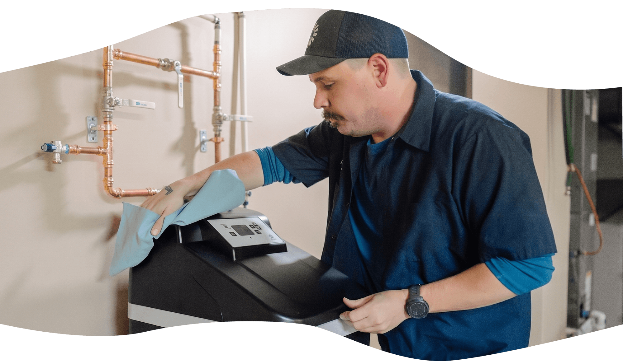 Bright Side Plumbing technician cleaning a water treatment system